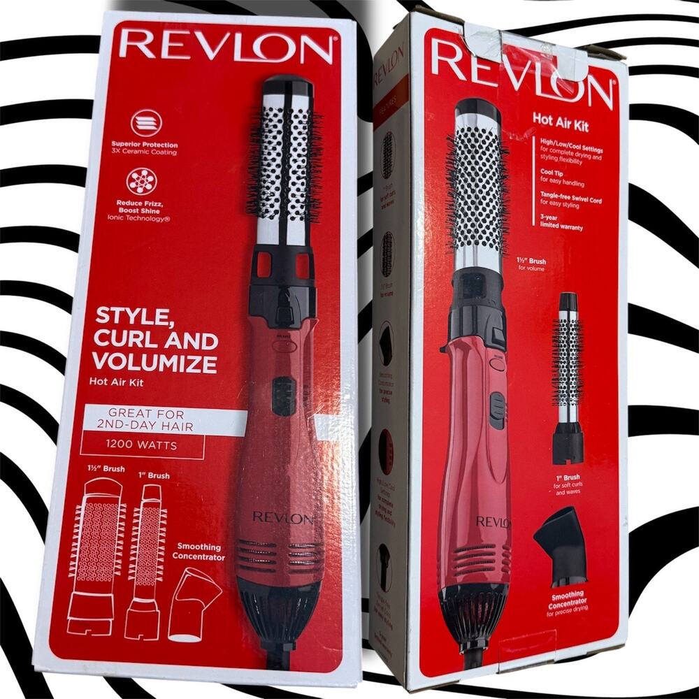 •NEW• Revlon 1200W Ionic Ceramic 1" & 1-1/2" Hot Air Styling Kit, Red | Open Box